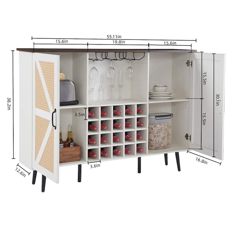 Faux Rattan Barn Door Wine Cabinet with Wine Rack and Wine Glass Rack
