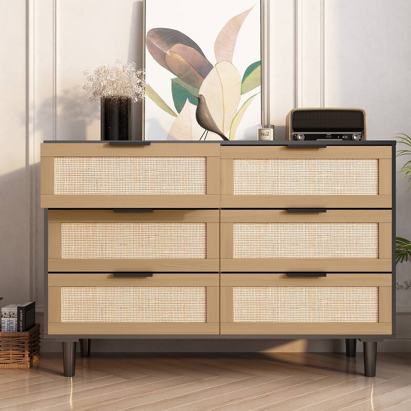 6 Drawer Rattan Dresser Chest with Drawers, Dressers Chest of Drawers - White