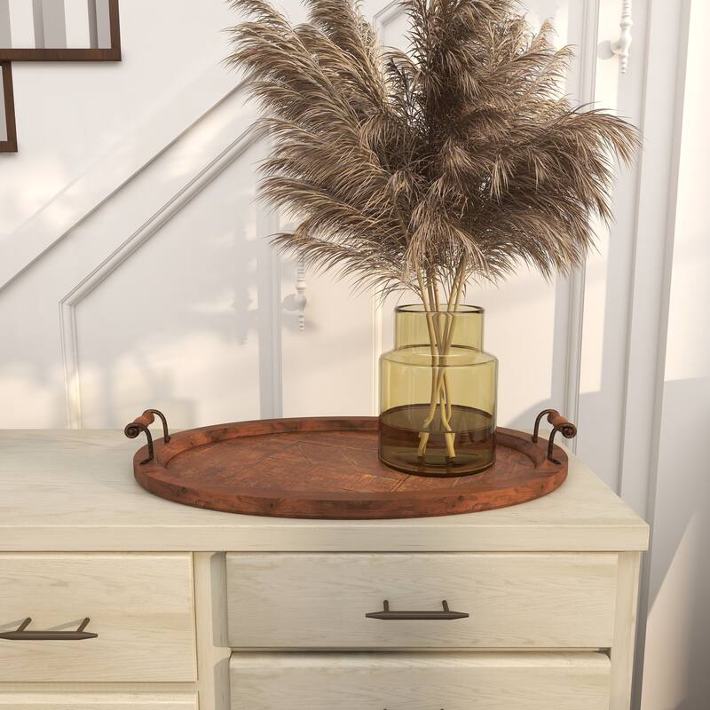 Brown Wood Large Oval Living Room Decor Tray with Scroll Metal Handles