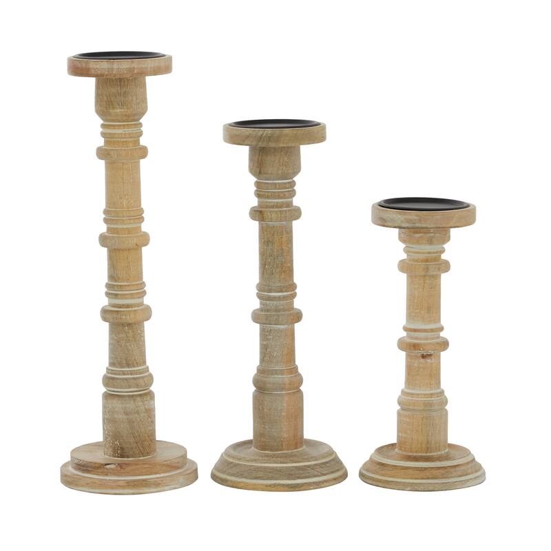 Mango Wood Candle Holder - Set of 3 Brown - Roche River Decor - 6"W x 6"L x 17"H