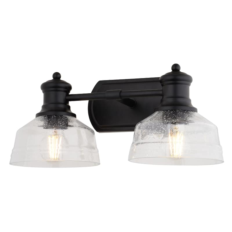 Beloit 2-Light 17 in. W Matte Black Farmhouse Bathroom Vanity Lighting Fixture Clear Seeded Glass Shade, Dimmable LED Compatible