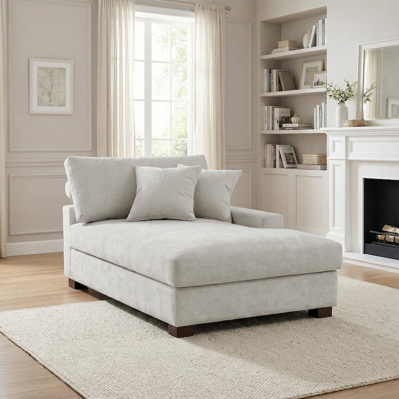 Plush Chenille Single Modular Sectional Sofa Chaise with Pillows - Off-White-Chaise R - Right Facing