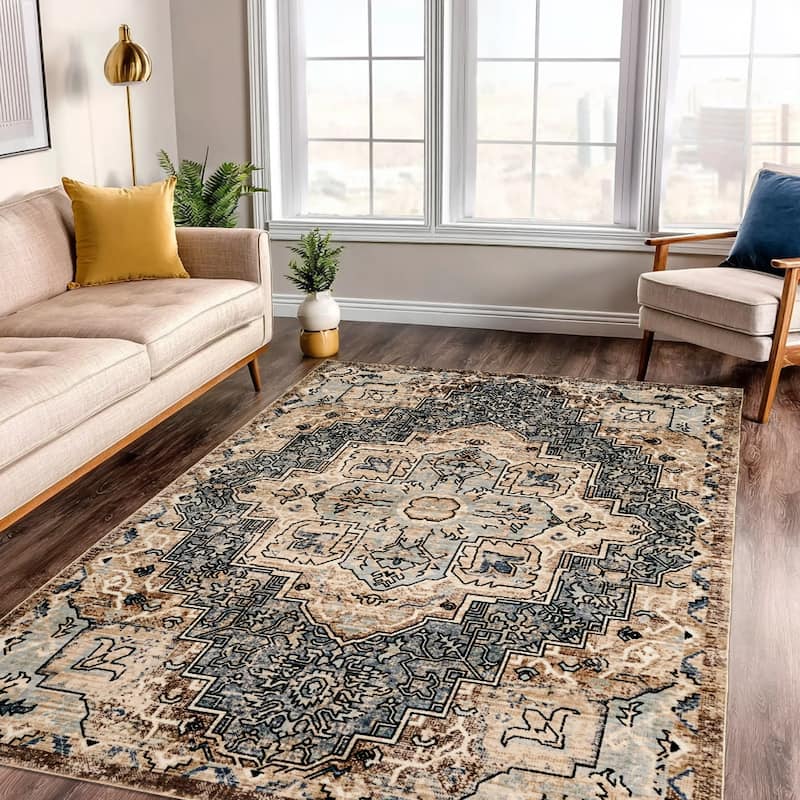 ECARPETGALLERY Esmira Traditional Machine Washable Blue & Beige Area Rug - Blue - 8'0 x 10'0
