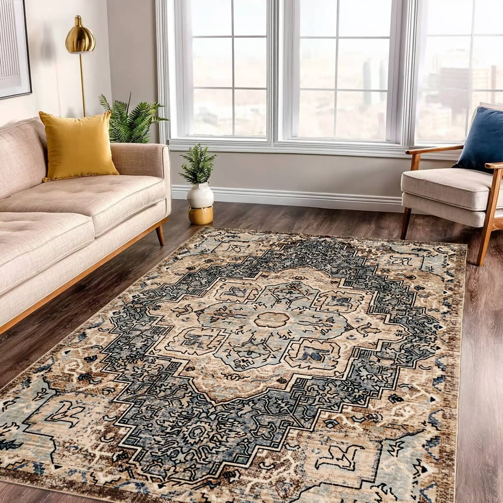 ECARPETGALLERY Esmira Traditional Machine Washable Blue & Beige Area Rug