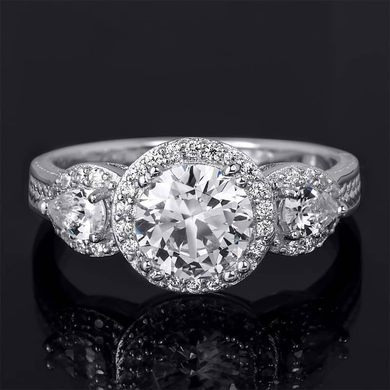 Sterling Silver 2.00 CT 3 Stone Halo Bridal Ring Round Cut Size 5-9