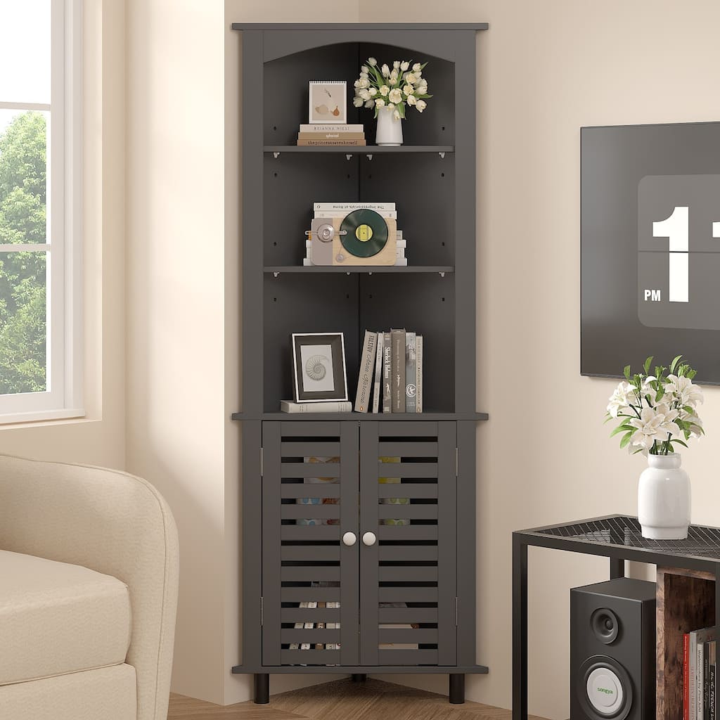 VECELO 68.5" Tall Triangle Corner Bookcase with Adjustable Open Shelves Magnetic Shutter Doors Storage Cabinet for Living Room