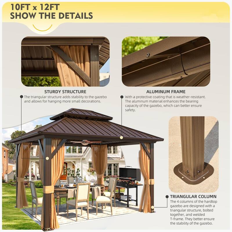 Erommy Hardtop Gazebo with Galvanized Steel Double Roof & Aluminum Frame, Outdoor Gazebo with Curtains and Nettings