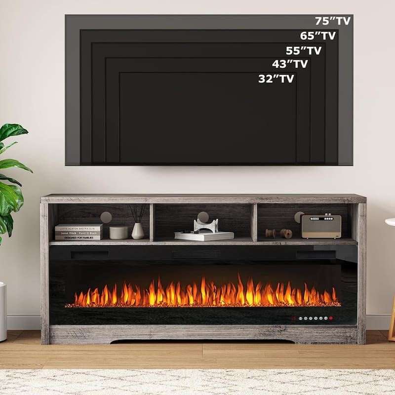 BOSSIN Fireplace 65" TV Stand for TVs Up to 75" TV with 60" Electric Fireplace,Entertainment Center with Open Shelve Storage