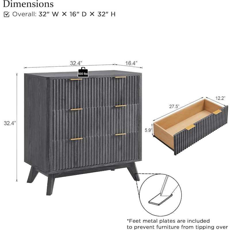 Modern fluted 3 Chest of Drawers, Dresser for Bedroom, Living Room