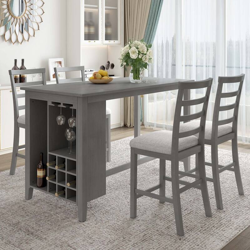 5 PCS Multi-Functional Rubber Wood Dining Set withIntegrated 9 Bar Wine Compartment