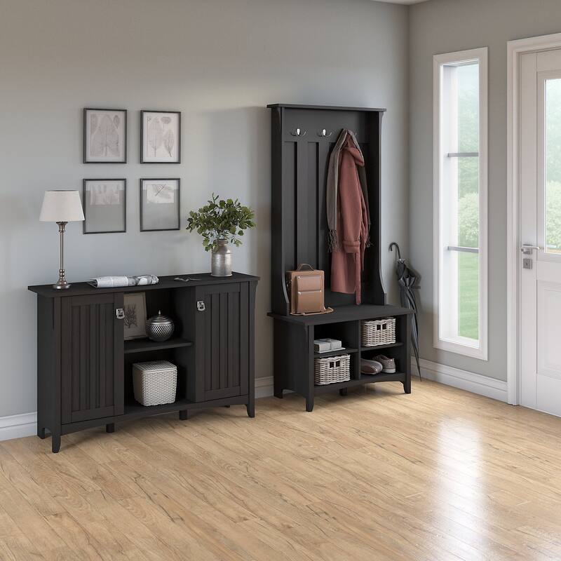 Salinas Entryway Storage Set with Hall Tree, Shoe Bench and Cabinet - Black