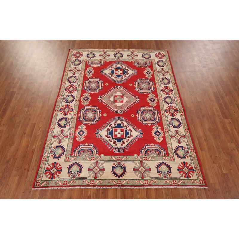 Geometric Kazak Rug Hand-Knotted Bedroom Red Wool Carpet - 5'9" x 7'7"