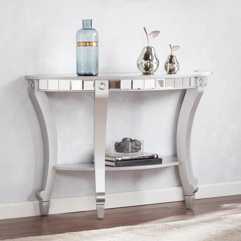 SEI Furniture Olivia Contemporary Mirrored Matte Silver Demilune Console Table