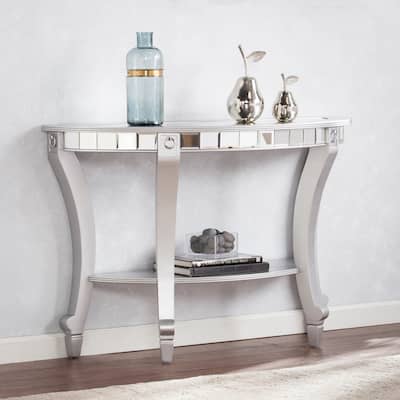 SEI Furniture Olivia Contemporary Mirrored Matte Silver Demilune Console Table