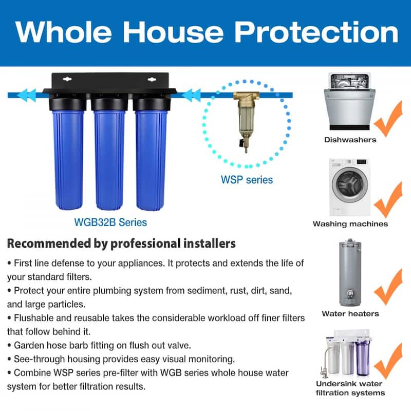 iSpring WSP Reusable Spin Down Sediment Water Filter Whole House Water Filtration System -1" MNPT + 3/4" FNPT, Brass - WSP-50