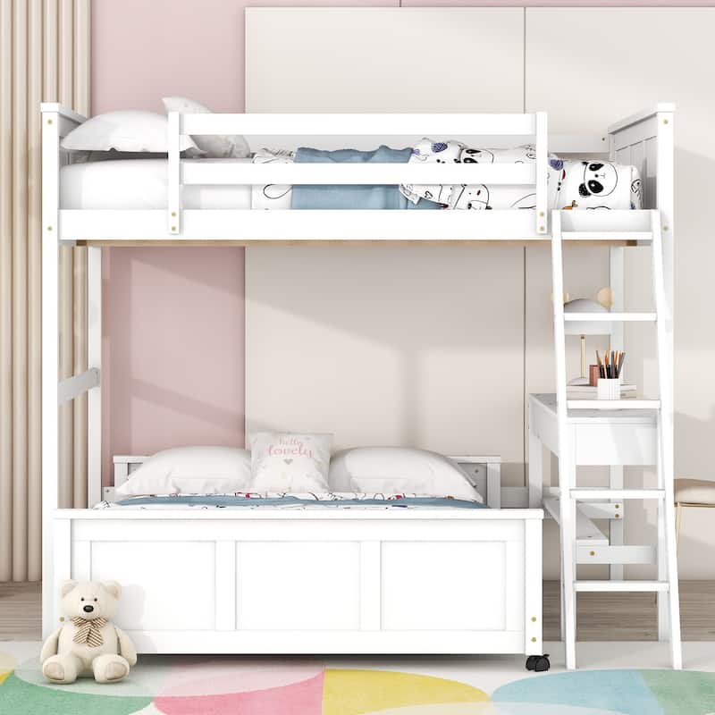 Full Over Full Bunk Bed, Platform Bed with Wheels, Loft Bed with Built-in Desk, Drawers, Ladder and Guardrail for Kids, Teen