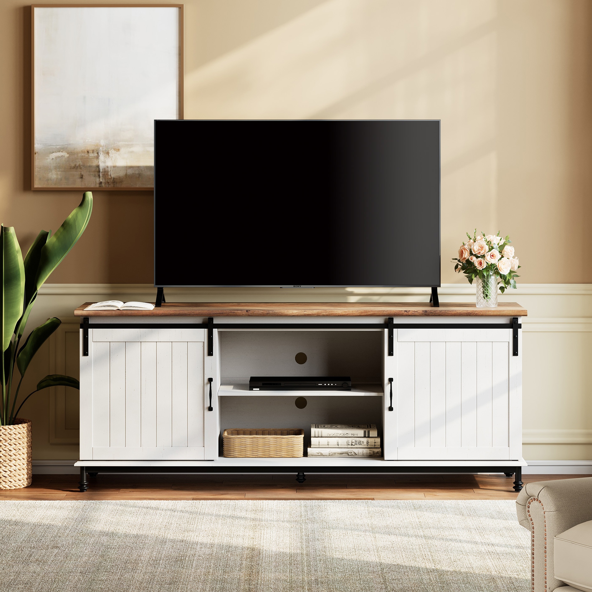 WAMPAT White Modern TV Stand Farmhouse Sliding Barn Door