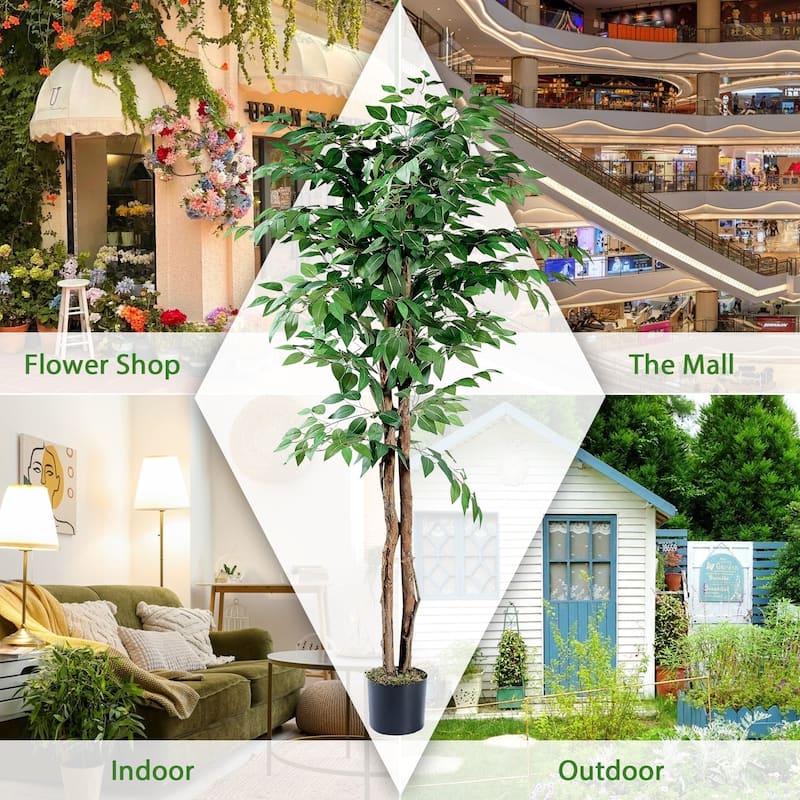 VECELO Artificial Ficus Tree with Natural Wood Trunk, Faux Plant for Office Home, Indoor Outdoor Decor, 1 Pack