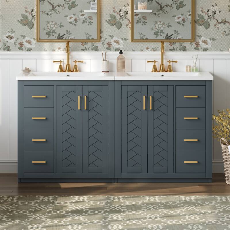 60'' Freestanding Bathroom Vanity Set with White Integrated Ceramic Sink - 60'' x 18.3'' x 34'' - Blue