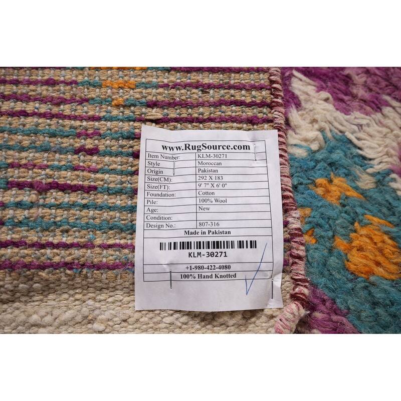 Purple Geometric Plush Moroccan Area Rug Hand-Knotted Wool Carpet - 6'0" x 9'7"
