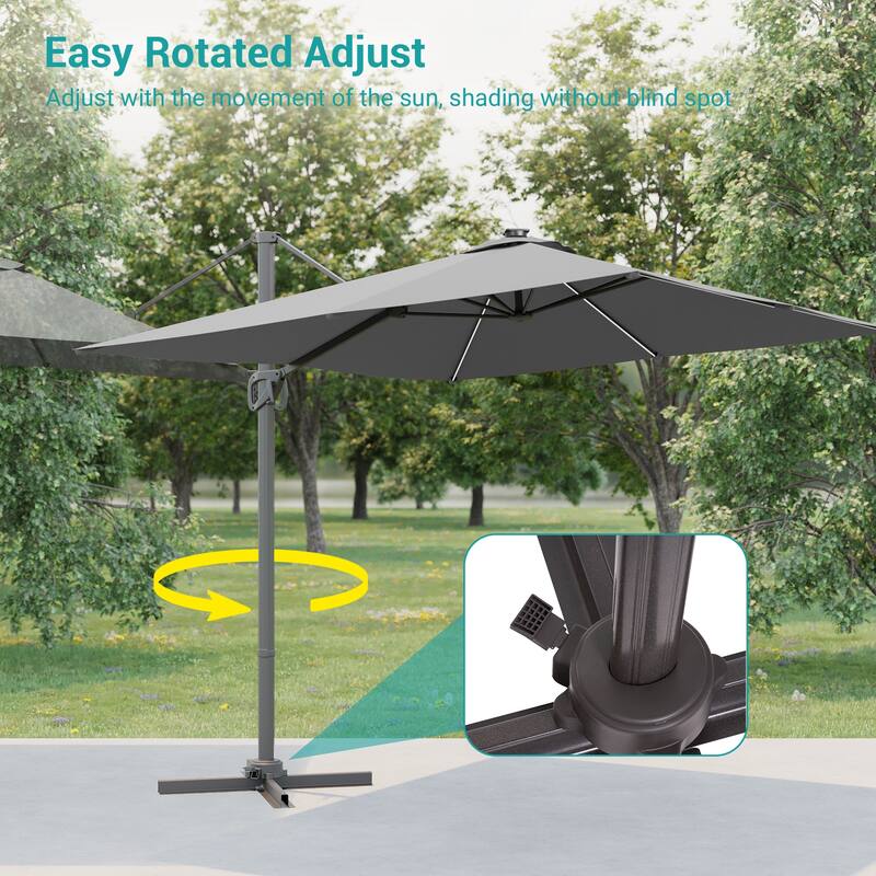 BONOSUKI Solar-powered 10x8ft Cantilever Patio Umbrella, Ultimate Outdoor Comfort with 360° Rotation and Canopy Angle Adjustment
