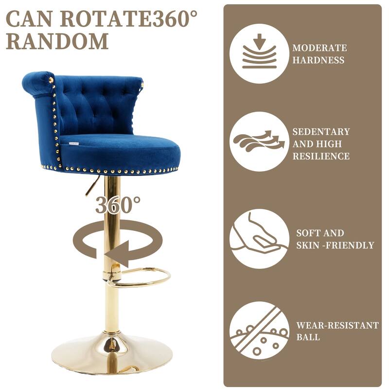 Velvet Upholstered Tufted Nailheads Swivel Adjustable Height Bar Stools With Golden Footrest(set of 2)