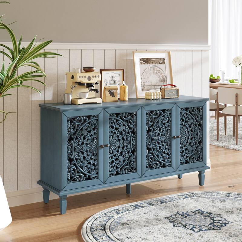 Buffet Cabinet with Floral Carvings with Solid Wood Legs&Antique Brass Handles&Adjustable Shelves,