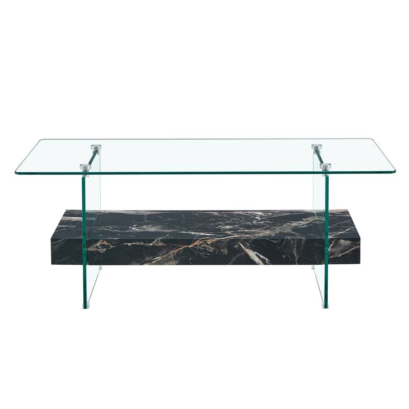 Roomfitters 43.3" Two-Tier Glass Coffee Table with Light Wood Shelf, Side Table or Display Stand