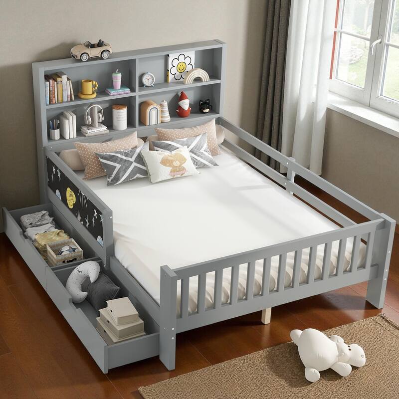 Twin/Full Solid Wood Platform Bed with Chalkboard Headboard, Storage Drawers and Shelves, Space-Saving Kids Bed