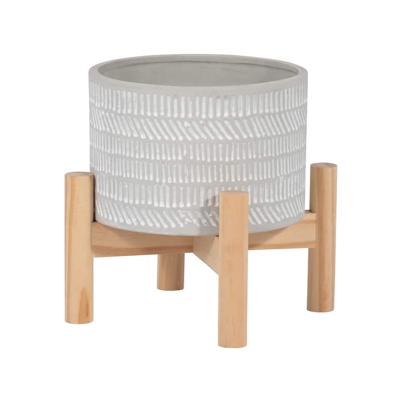 Sagebrook Home Neutral Ceramic Ivory Line Design Planter on Wooden Stand - 6"x6"x6" - Ivory Beige