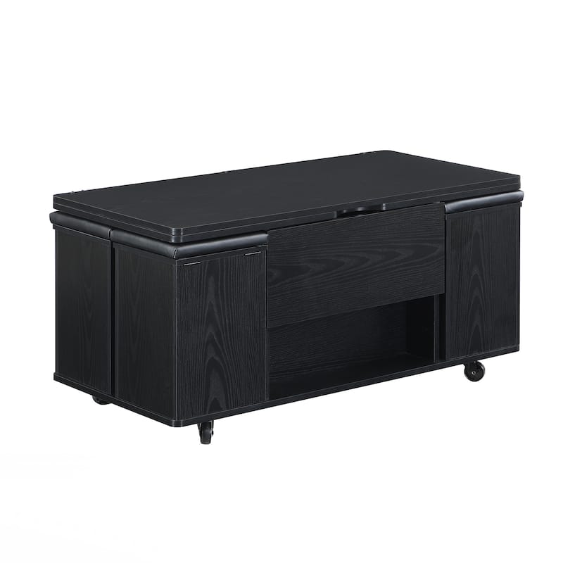 Lift-Top Coffee Table with Hidden Storage and Stools,Multi-Function Modern Center Table with 4 Stools and Casters