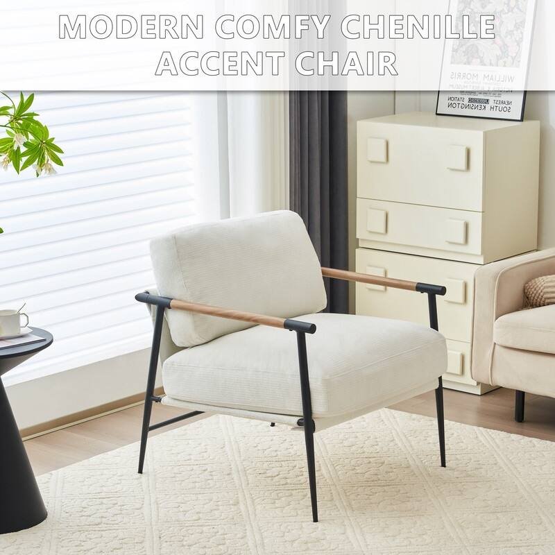 White Accent Chair Armchair Chenille for Living Room Mid Century Modern Accent Chair Metal Leg,Comfy Cushion Veneer Armrest