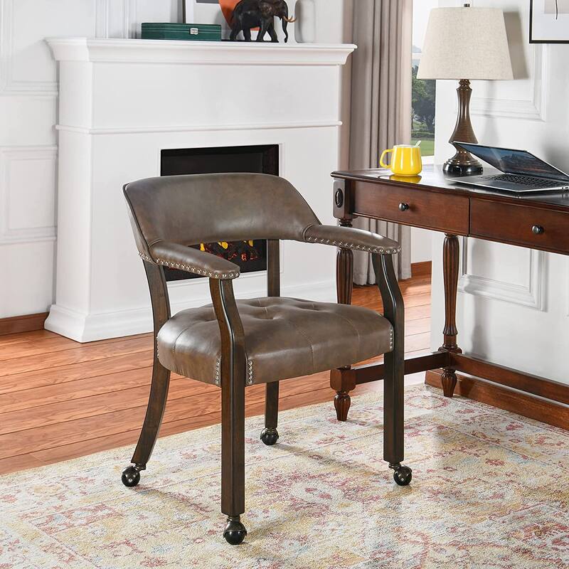 Dining Chair with Casters Leather Chair with Caster Nailhead Dining Chairs with Rollers - Brown - Single