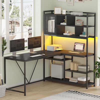 L Shaped Computer Gaming Corner Desk LED Light Storage Bookshelf