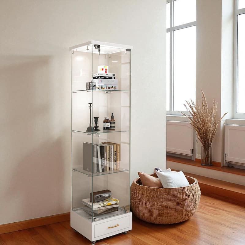 65.9" Modern Glass Display Cabinet with Drawer, LED Lights, Lockable Storage & 4 Tempered Glass Shelves - White