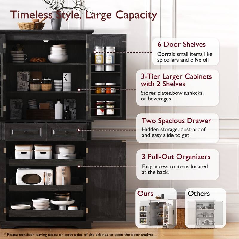 71" Tall Kitchen Pantry Cabinet with 3 Pull-Out Organizers, Freestanding Cupboard With Adjustable Shelves, Versatile Storage