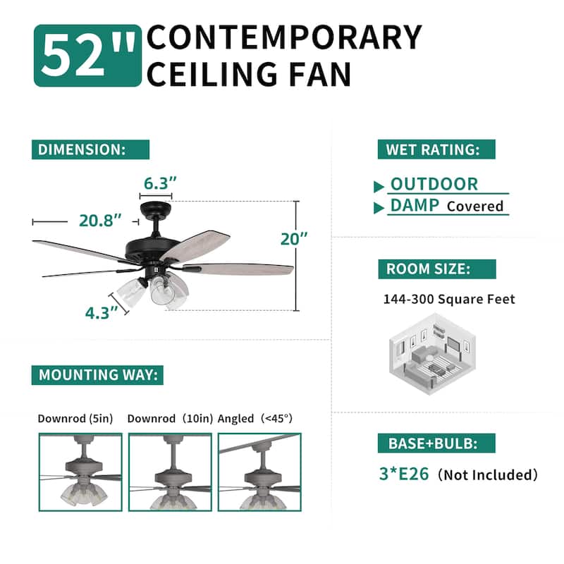 Moasis 52" Ceiling Fan Light 5-Blade with Clear Seeded Glass shade