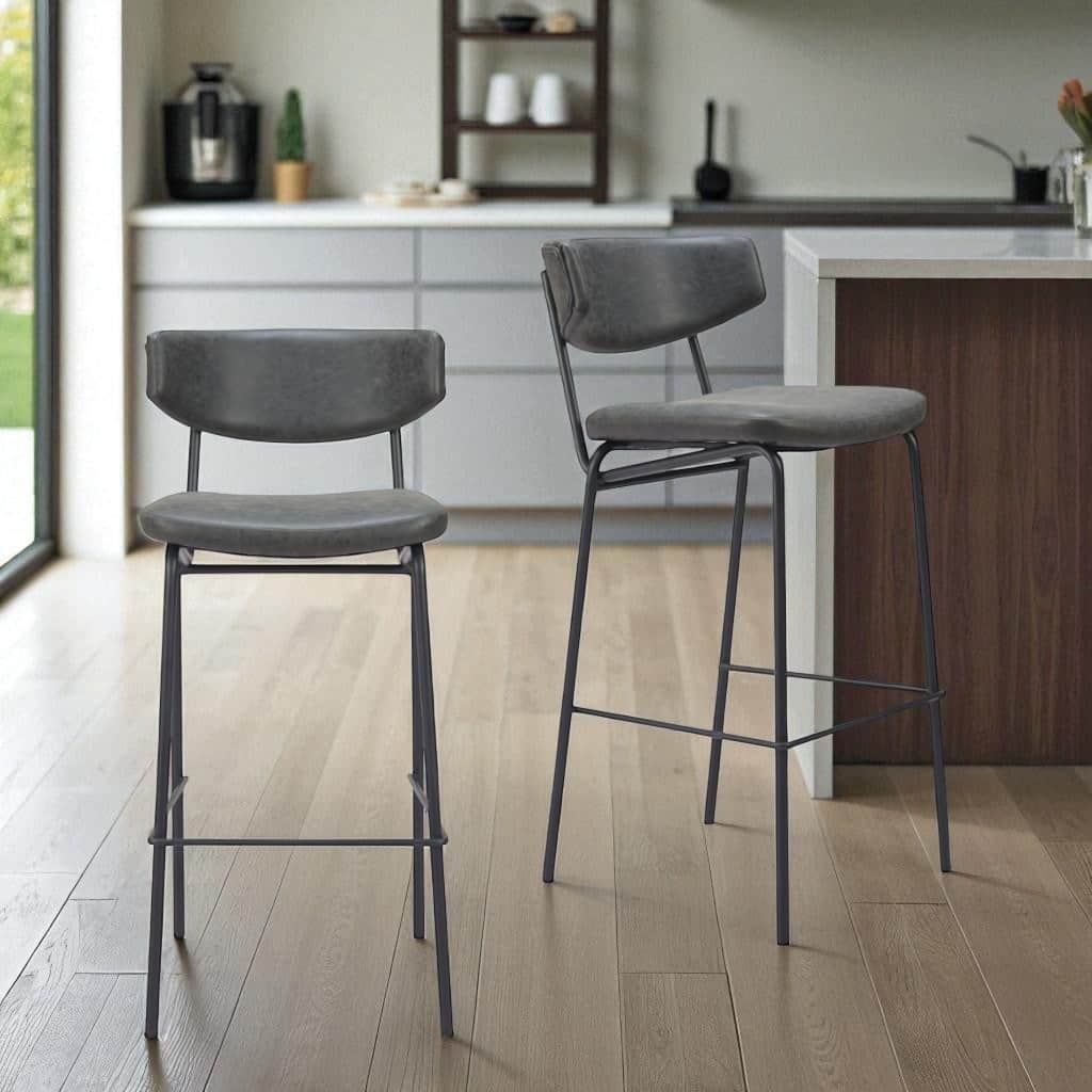 HomeRoots Set of Two 26" Black Faux Leather and Steel Low Back Counter Height Bar Chairs