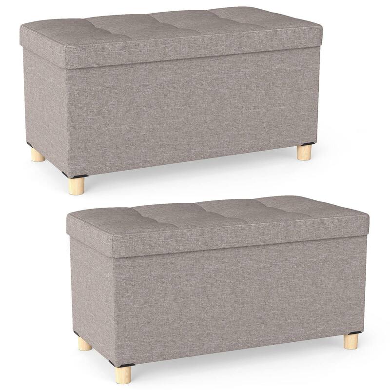 Costway 1/2 PCS 30” Storage Ottoman Bench with Tray Rubber Wood Legs - 2 PCS