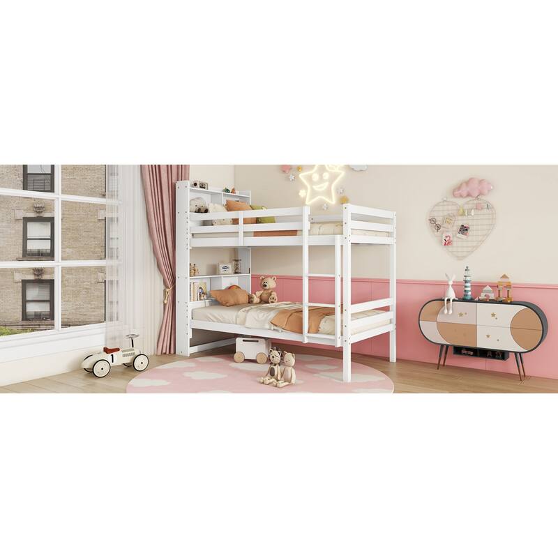 Roomfitters Twin Over Twin Rubber Wood Bunk Bed with Shelves Headboard, Convertible Design, Ladder and Safety Guardrails