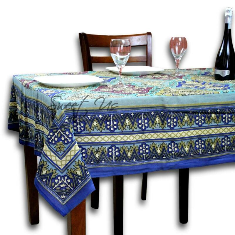 Heavy Cotton Floral Diamonds Tablecloth Rectangle Blue Gold