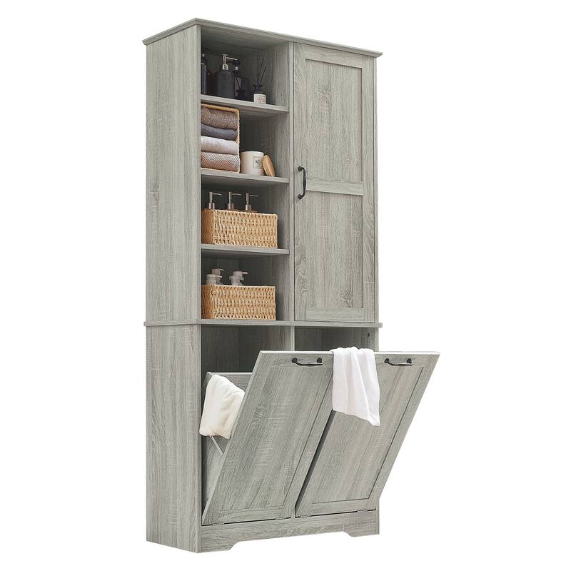 Roomfitters 68" Tall Bathroom Storage Cabinet with Dual Tilt-Out Laundry Hampers, Open Shelves & Adjustable Storage