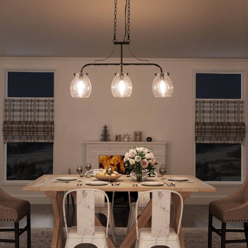 Modern Farmhouse 3-Light Linear Chandelier Seeded Glass Island Lights for Dining Room - L25"x W 5"x H 14" - L25"x W 5"x H 14" - Black Silver
