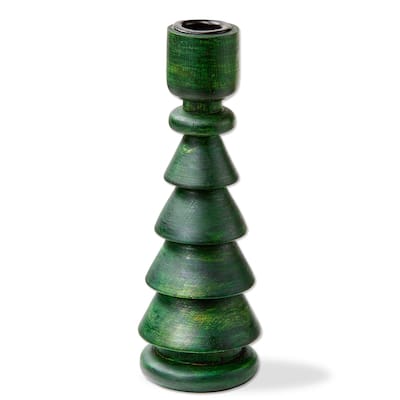 Large Green Wood Tree Taper Candle Holder for Christmas 8 inches Tall, Perfect for Taper Candles, Wipe Clean Design