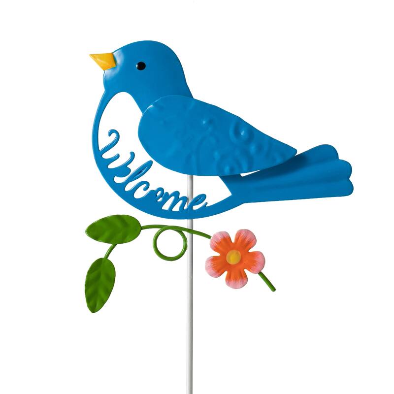 Glitzhome Metal Dimensional Flower Butterfly "Welcome" Birds Yard Stakes or Wall Decor (Set of 3)