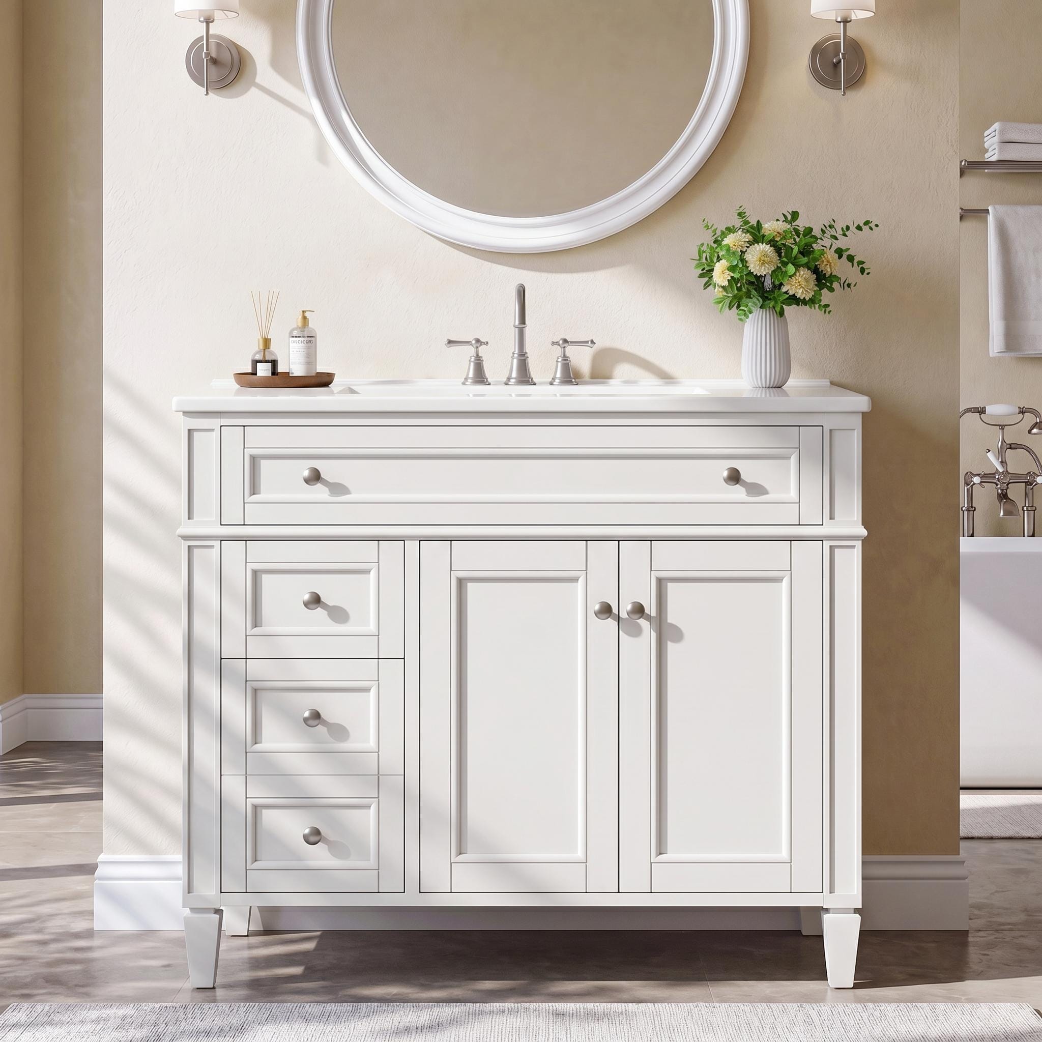 36″ Freestanding Bathroom Vanity with Ceramic Top Solid Rubberwood Frame | Integrated Basin | Soft‑Close Hinges