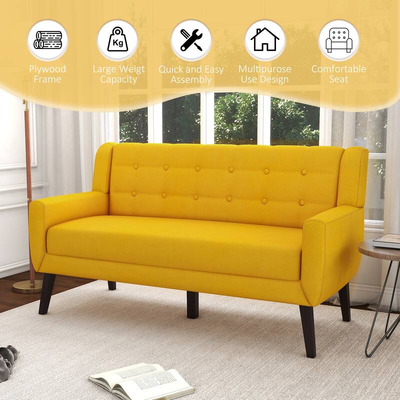 Mid-Century 63-Inch Linen Tufted Loveseat Sofa with Pillows