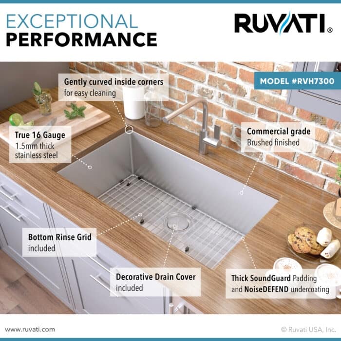 Ruvati 30-inch Undermount 16 Gauge Tight Radius Kitchen Sink Stainless Steel Single Bowl - RVH7300 - 30" x 18"