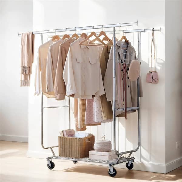 Double Rail Garment Rack with Shelves & Wheels