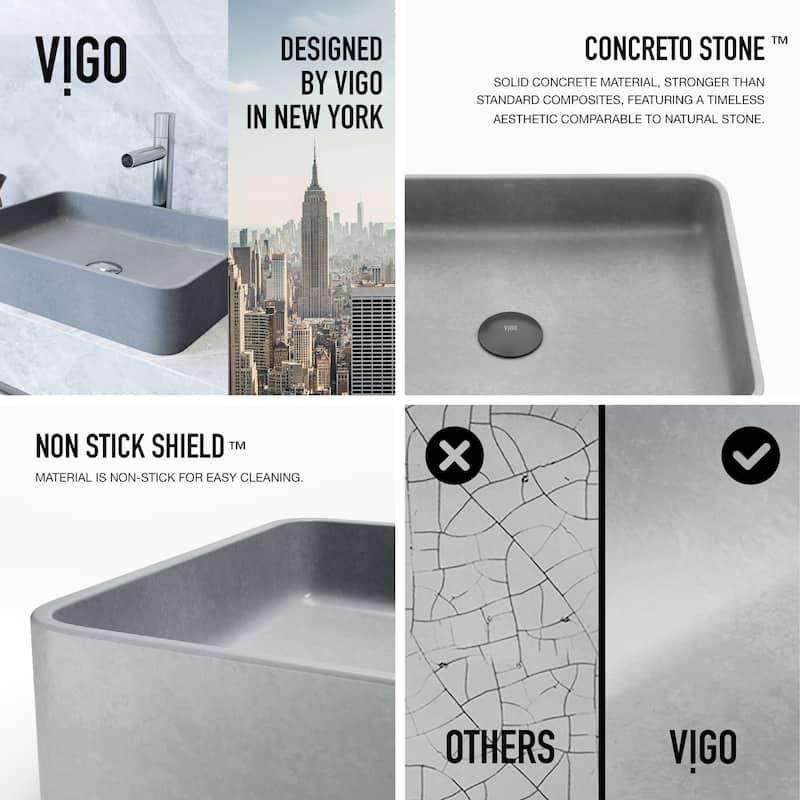 VIGO Tarragona 19"L x 14"W x 4"H Concreto Stone Rectangular Bathroom Vessel Sink